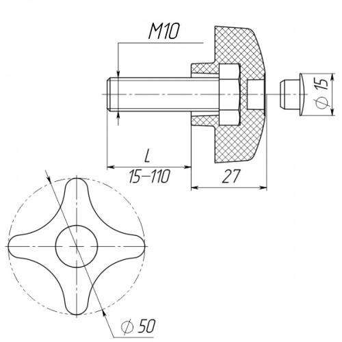 Ручка затискна М10х80, D50мм з болтом чорна Steelfix