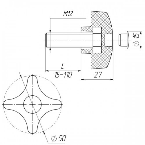 Ручка затискна М12х80, D50мм з болтом чорна Steelfix
